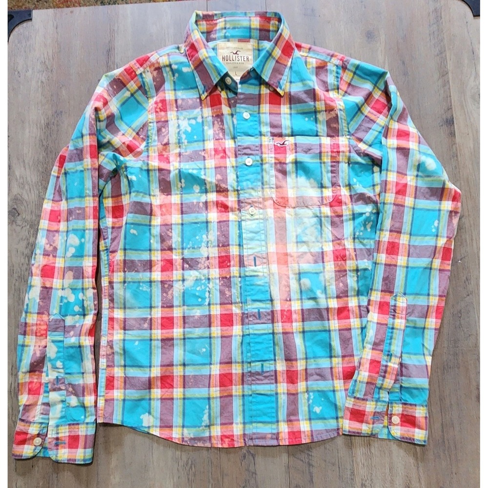 Hollister Multi Blue Red Plaid Button Up Bleach Distressed Mens Shirt Size L